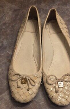 Tory Burch White Woven Patent Ballet Flats